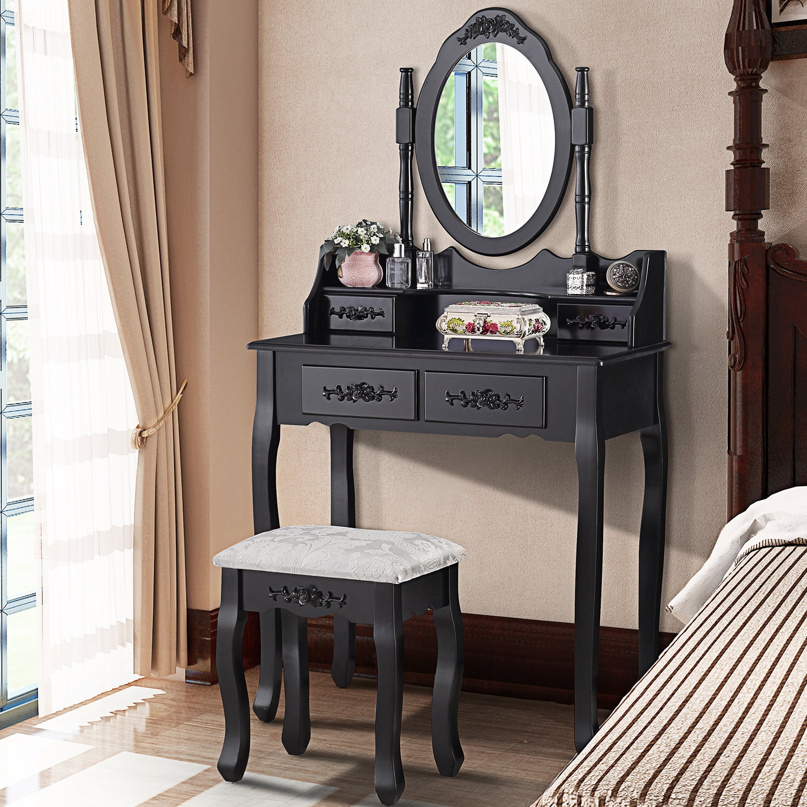 mecor Vanity Makeup Dressing Table Set with Mirror and Stool Espresso 