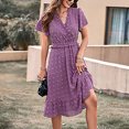 thumbnail image 4 of Usmixi Formal Dresses for Women Empire Waist Beach Lightweight Chiffon Jacquard Sun Dress V-Neck Short Sleeve Solid Summer Midi Dresses Purple L, 4 of 7