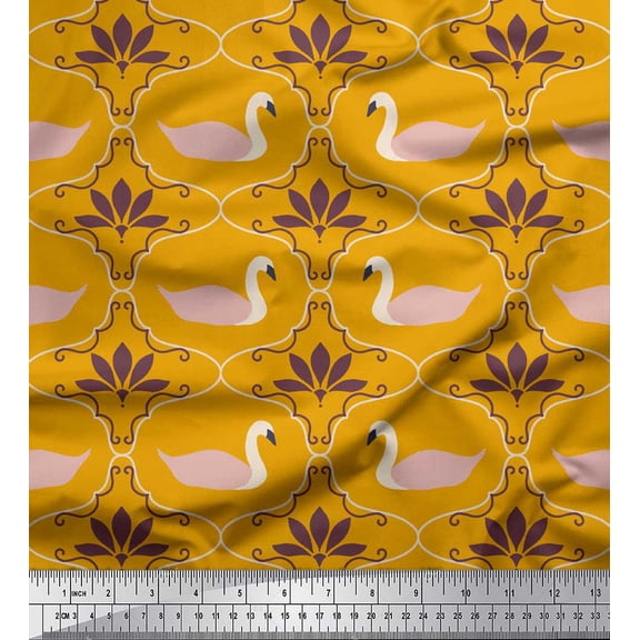 Soimoi Gold Rayon Fabric Swan & Moroccan Damask Printed Fabric 1 Yard 56 Inch Wide