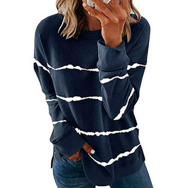 MELDVDIB Women's Striped Style Round Neck Long Sleeve Casual Blouse ...