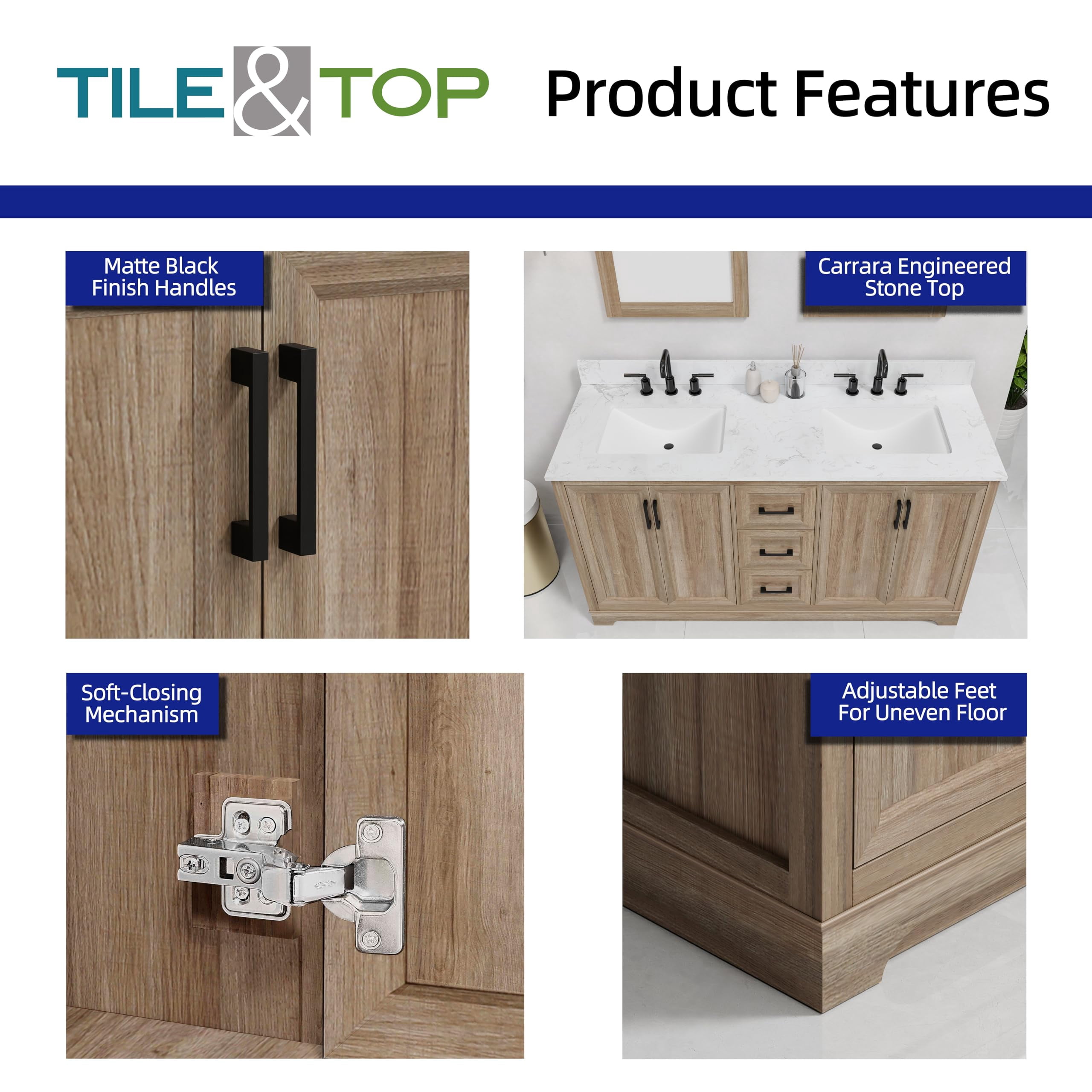 Retford 48" Double Bathroom Vanity, 49" W x 22" D x 34.5" H, Carrara White Engineered Marble Top with 2 Sinks & Backsplash, Light Wood, MDF, Pre-Assembled, Soft-Closing Drawers and Doors.