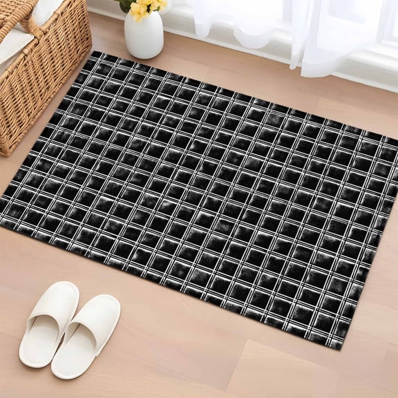 Black Plaid Entryway Rug 2'x3' Non Slip Front Door Mats, Vintage Minimalism Abstract Lattice Striped Entrance Rugs Indoor Outdoor Carpet, Washable Floor Mats Small Area Rug for Bedroom Kitchen