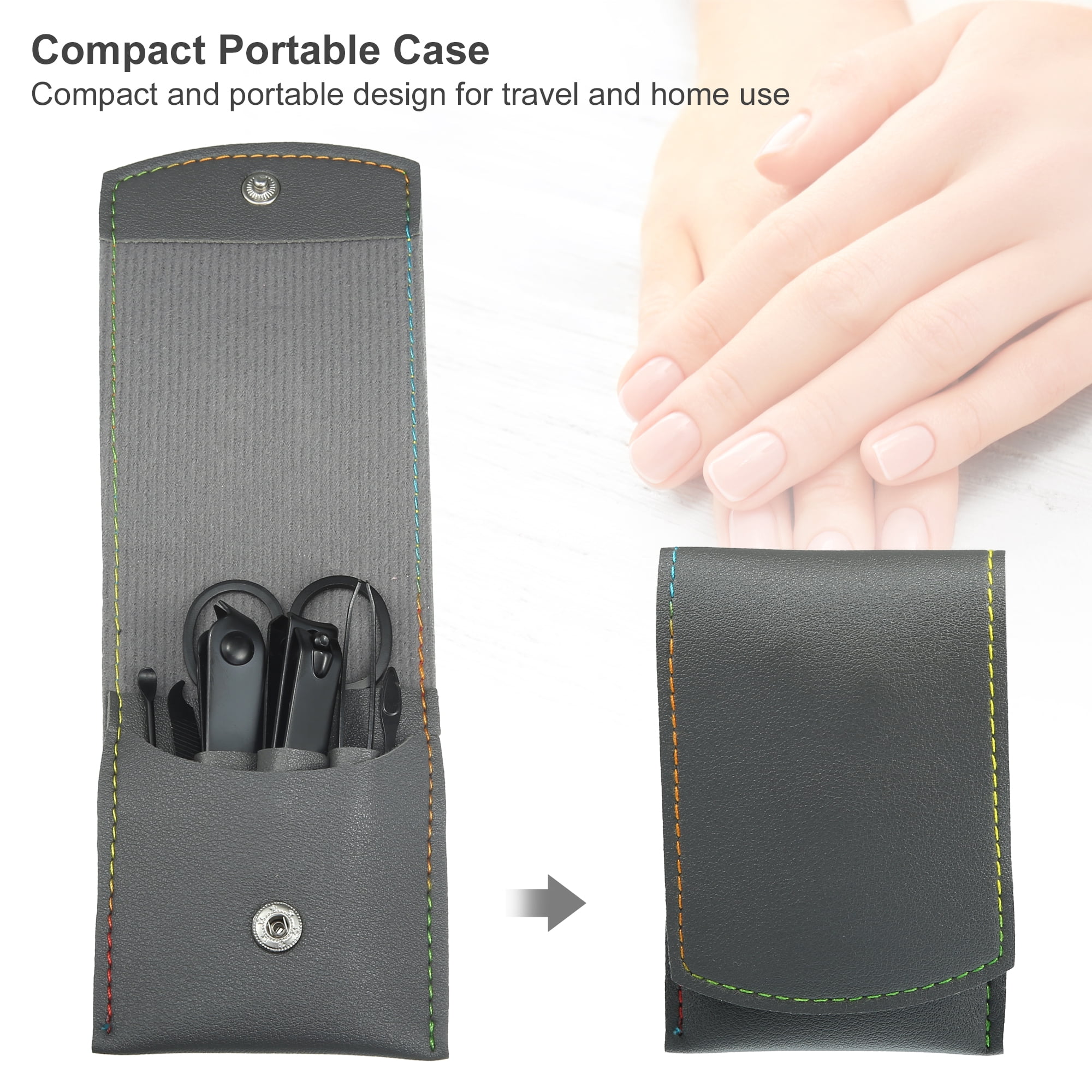 Unique Bargains 7 pcs Manicure Set with Gray PU Case Personal Care Stainless Steel Black