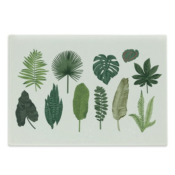 Tropical Cutting Board, Vintage Botanical Composition of Different Kinds of Tree Leaves from Exotic Nature, Decorative Tempered Glass Cutting and Serving Board, Large Size, Multicolor, by Ambesonne