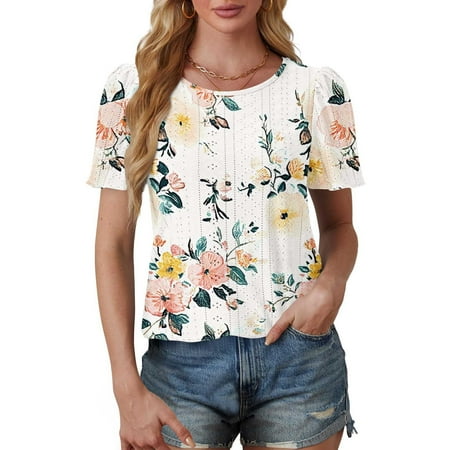 Patlollav Short Sleeve Shirts for Women Summer Dressy Casual Tops Pleated Front Blouse Ladies Tunics