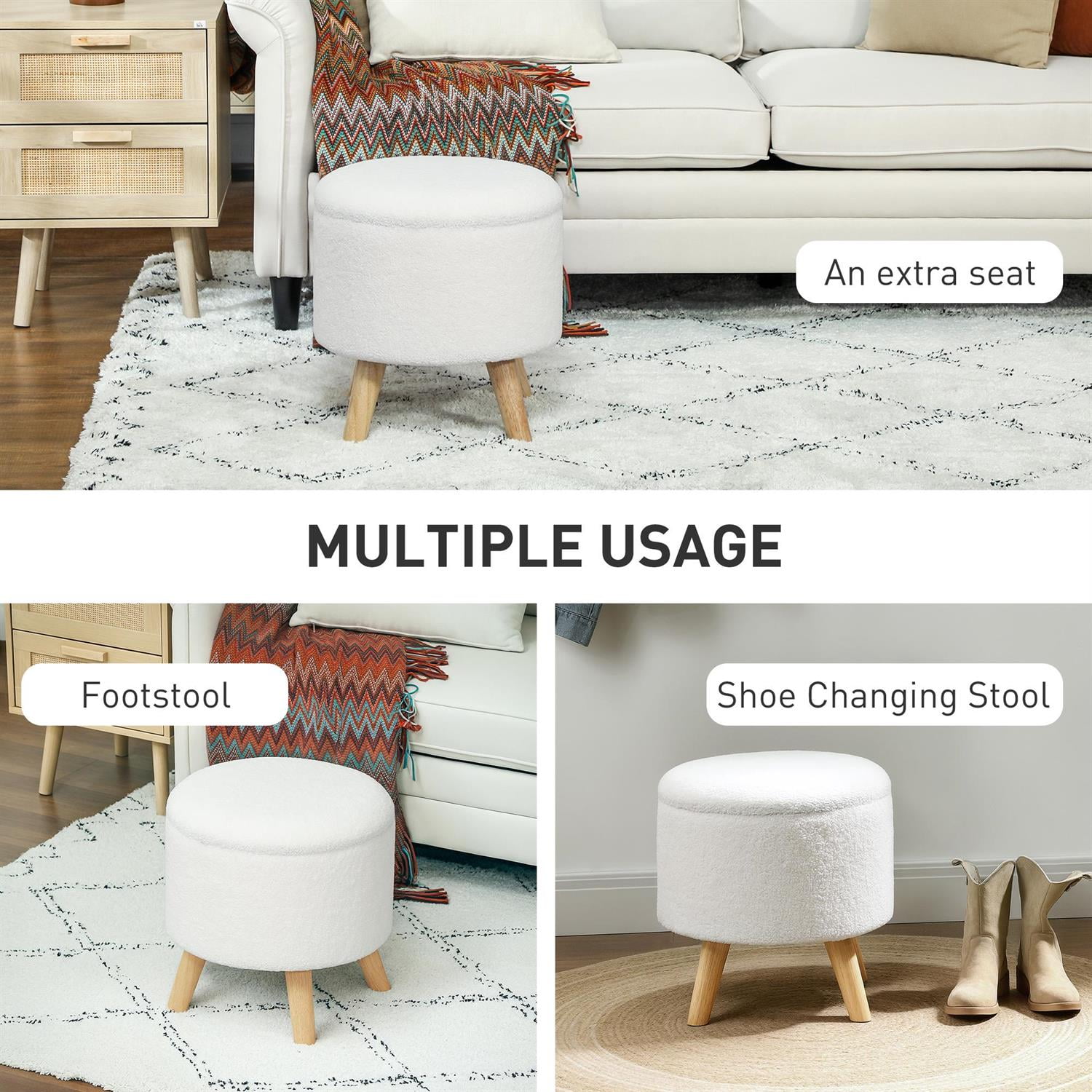 Demi Bonn 15" Ottoman Stool with Storage and Padded Seat, Round Footstool with Hidden Space and Wood Legs for Living Room, White