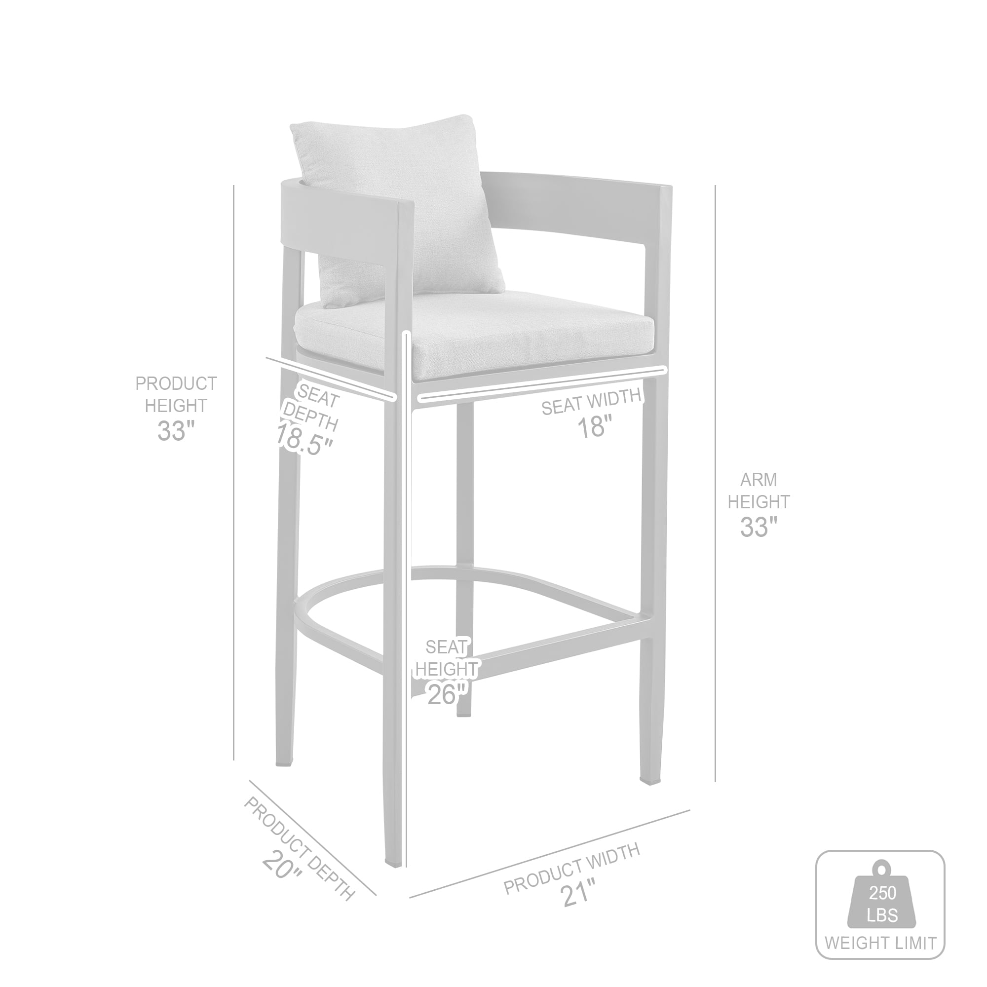 Menorca Outdoor Patio Counter Height Bar Stool in Aluminum with Gray Cushions - Set of 4