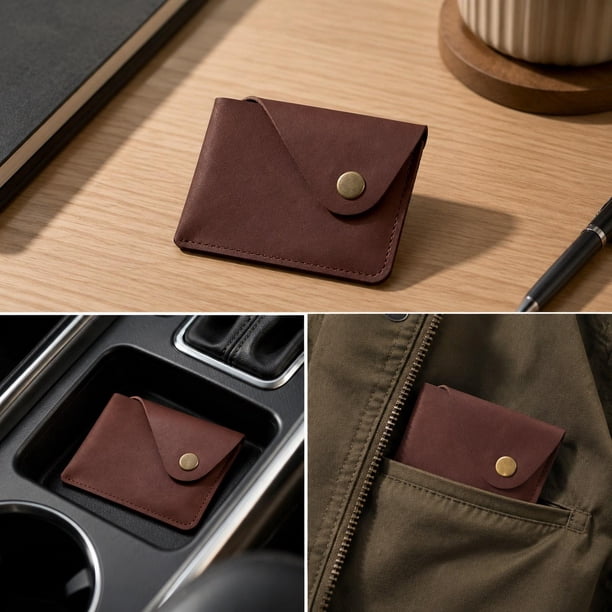 Tarjetero con cierre a presión, tipo sobre, ideal como regalo cumpleaños. Ranuras compactas para tarjetas crédito. Marrón oscuro