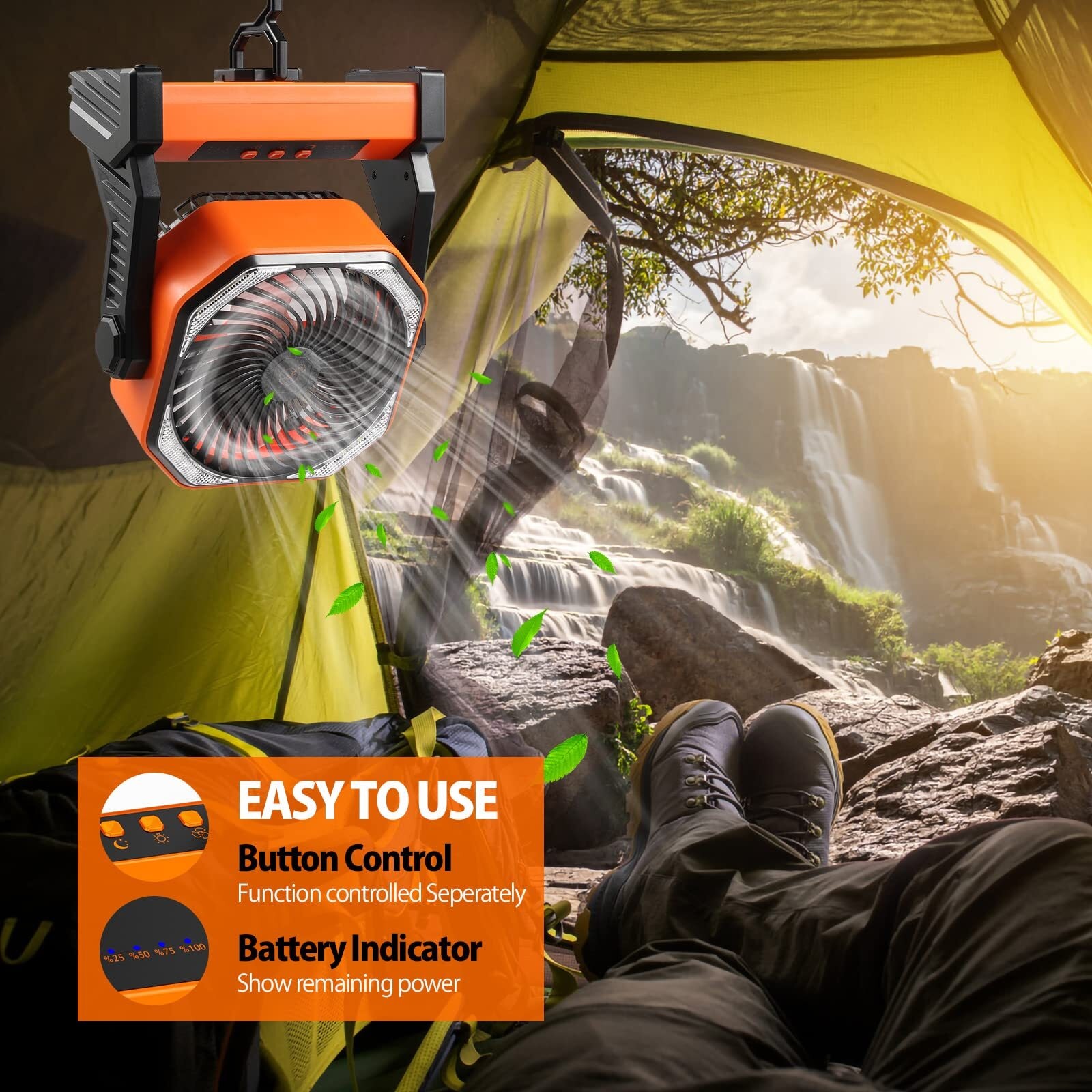 20000mAh Battery Powered Fan, Portable Rechargeable Desktop/Camping Fan with Light and Hook, 270° Rotation 4 Speed ​​Battery Powered Outdoor Fan for Tent, Car Travel, Sleeping, Hurricane,