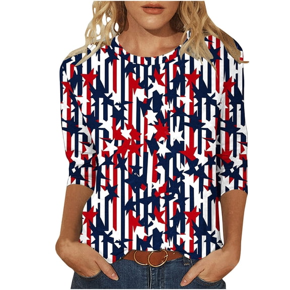 LYEAA Womens 3/4 Sleeve Tops Plus Size 4th of July American Flag T Shirts Patriotic Red White Blue Tees Independence Day Shirts