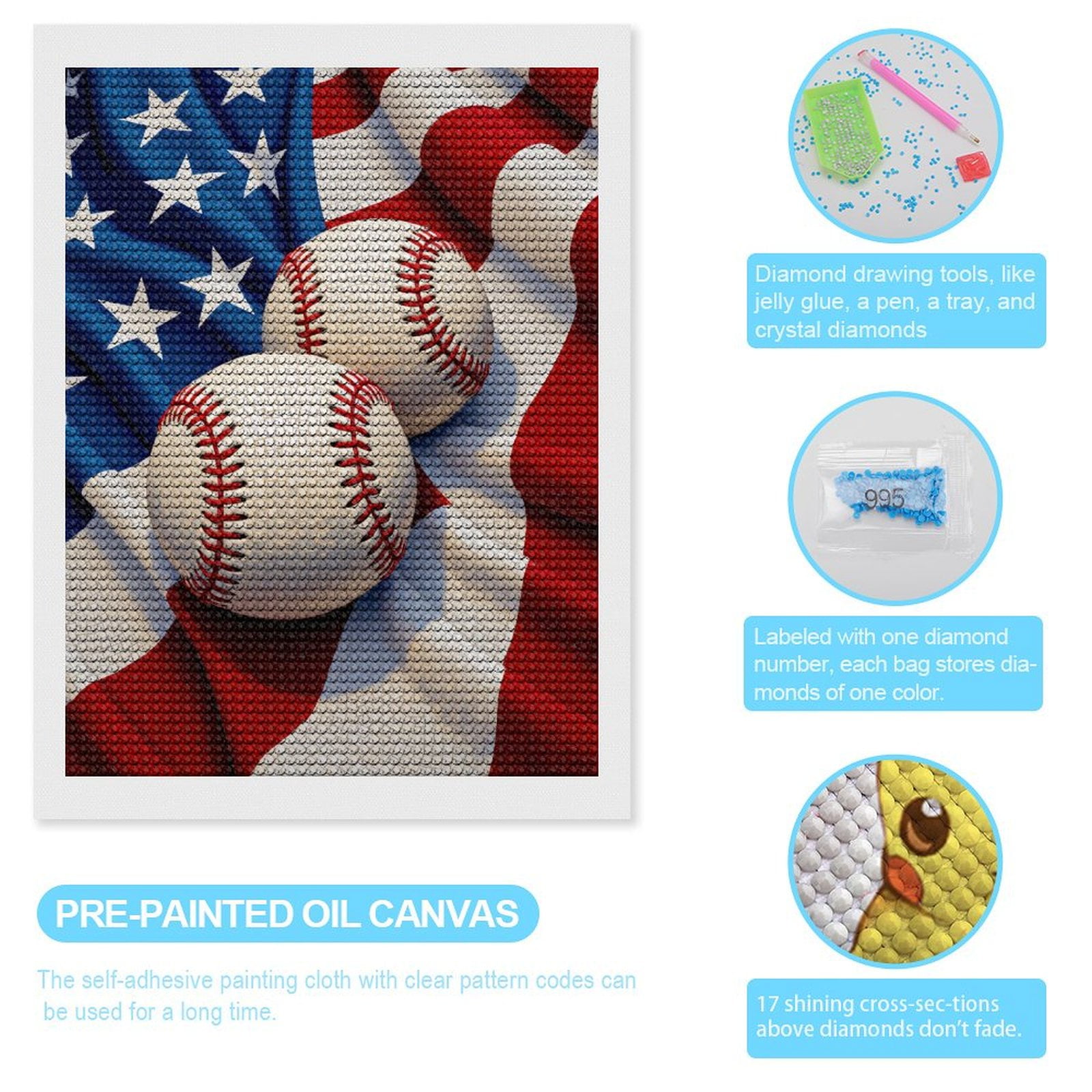 Diamond Art Kits for Adults, Baseballs Stars Stripes Fabric Display 5D Diamond Painting Kits for Adults Beginners, DIY Full Drill Diamond Painting, Gem Art and Crafts 12x16