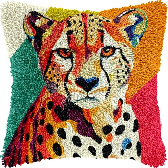 Cheetah Colorful Latch Hook kits Pillow Pre-printed Cushion Crochet Yarn Needlework DIY Hook Latch Kit Pillowcase Rug Cover Home Sofa Christmas Decor 43x43cm(2)