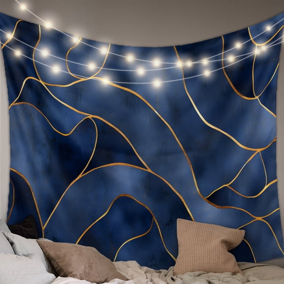 Navy Blue Marble Small Tapestry for Bedroom Wall Hanging Tapestry, Modern Golden Geometric Abstract Ceiling Backdrop Tapestries Poster Blanket Wall Decor for Teens Room Living Room Dorm 23" x 28"
