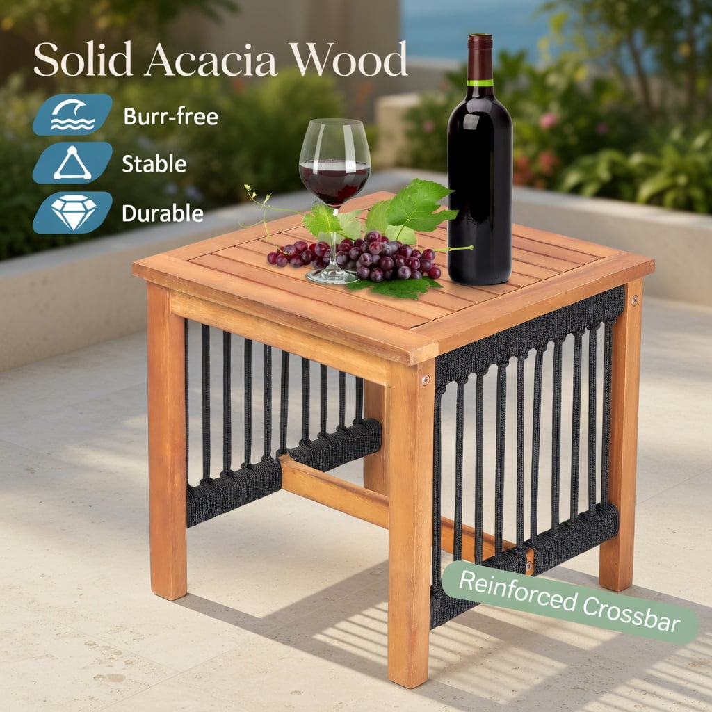 Hommoo 3-Piece Outdoor Acacia Wood Rocking Bistro Set with Breathable Plastic Rope Chairs & Square Coffee Table, Navy
