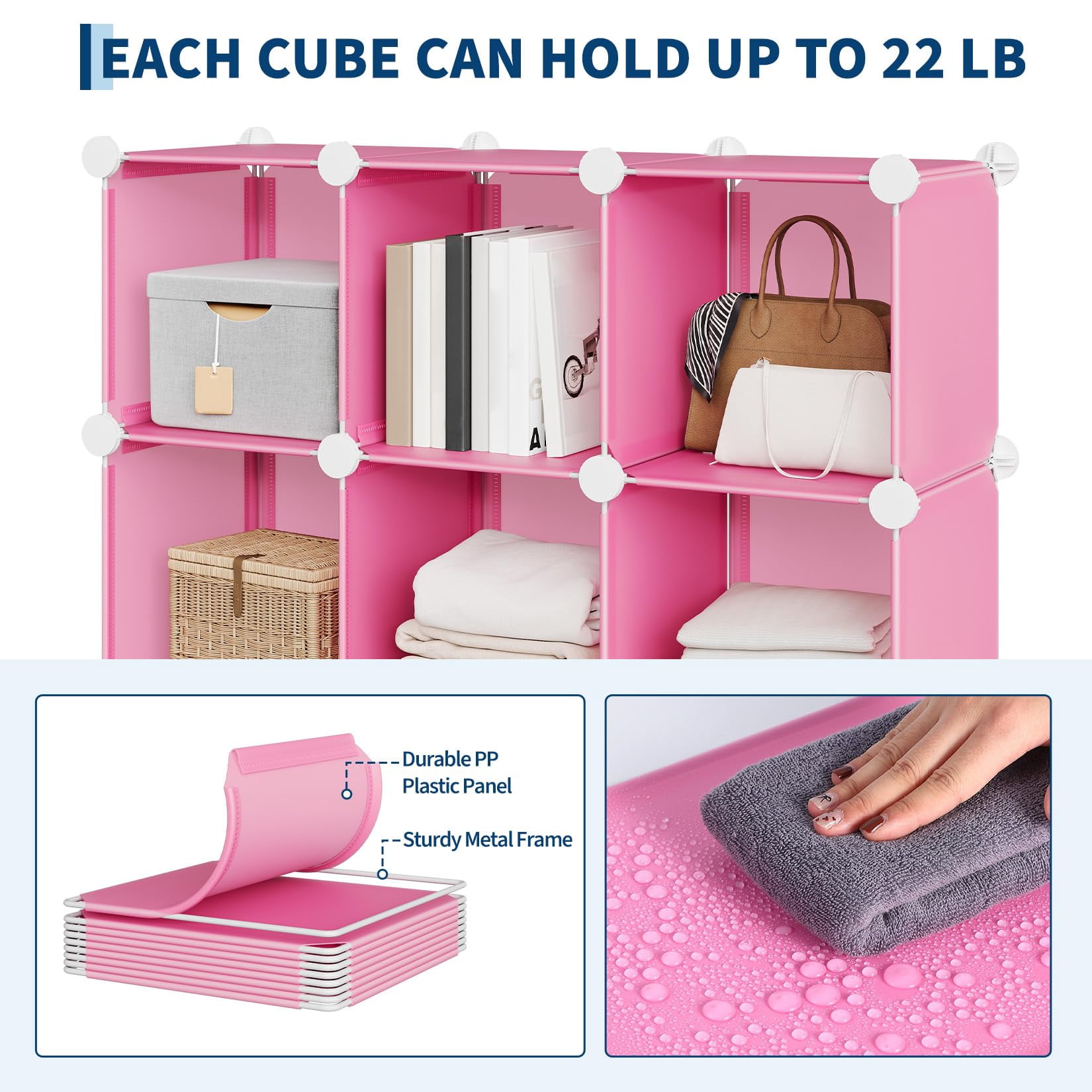 9 Cube Storage Organizer, DIY Modular Bookshelf & Closet Organizer, Plastic Stackable Shelving Cubes with Feet & Rubber Mallet