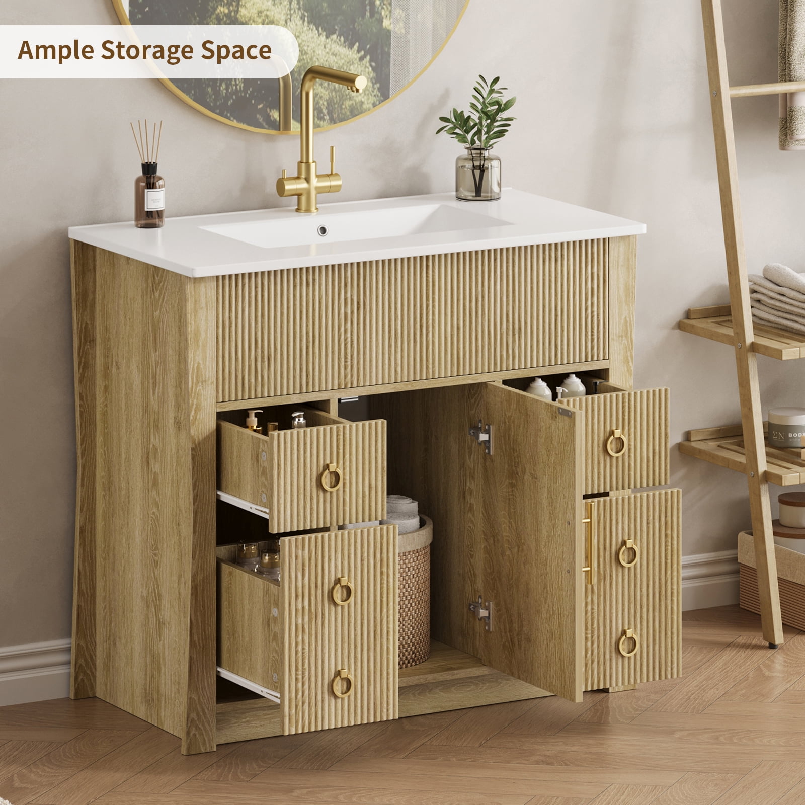 36-inch bathroom vanity, bathroom sink cabinet, with ceramic sink and drainage pipe, and equipped with 4 drawers and 1 door bathroom vanity, made of high-quality wood