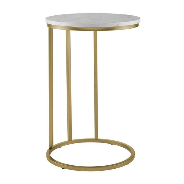 WE Furniture 16" Round C Table White Marble Top, Gold Base