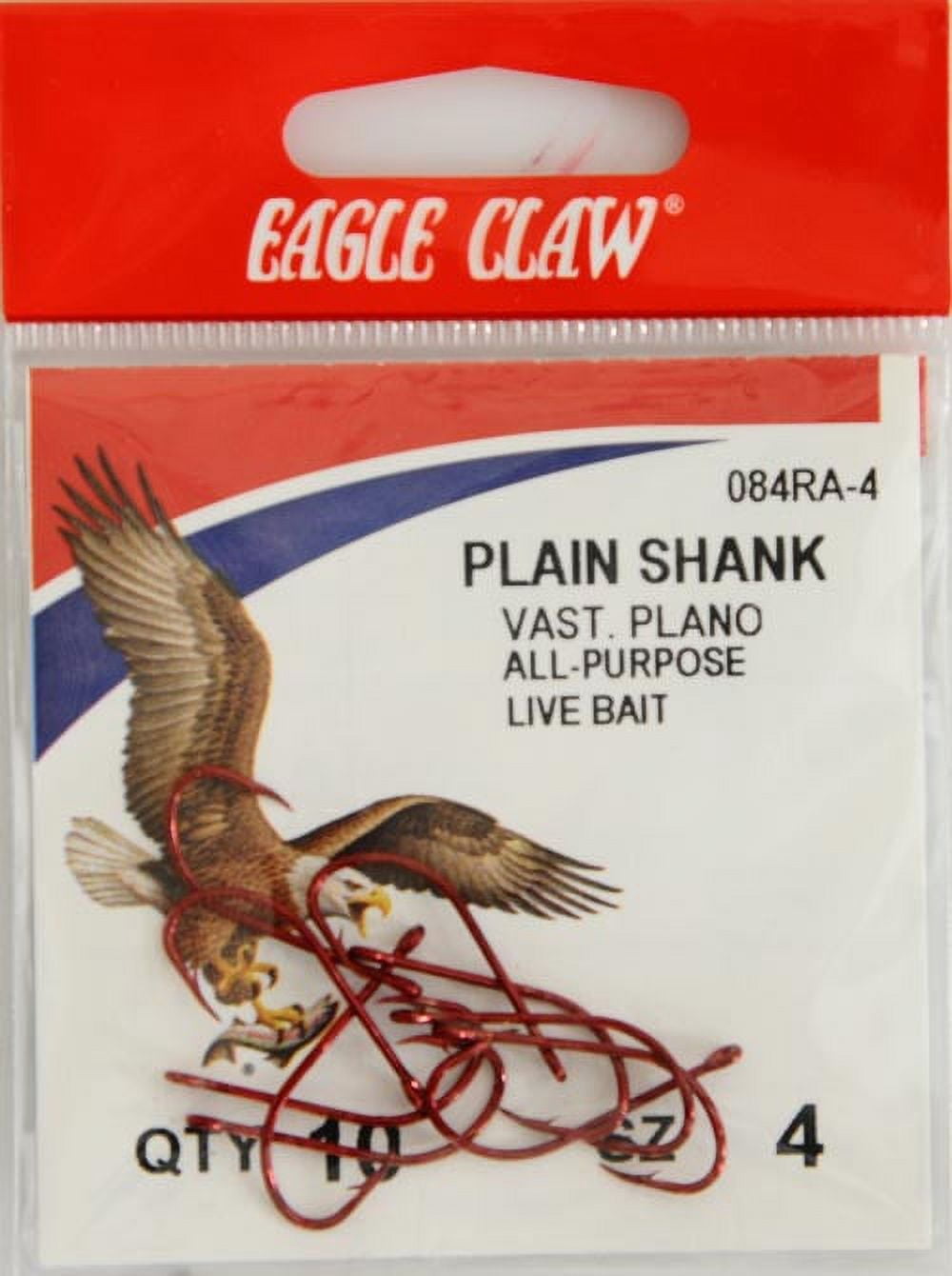 (3 pack) Eagle Claw 084RAH-4 Plain Shank Offset Hook, Red Plated, Size 4