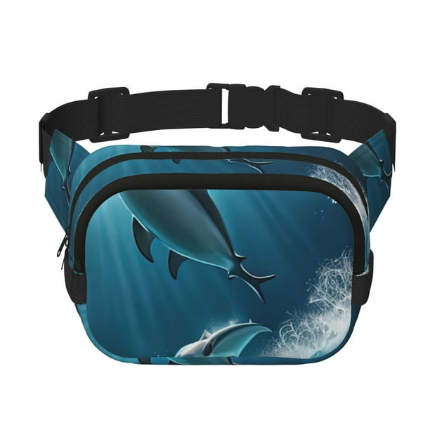 Fotbe Ice Blue Ocean Cute Dolphin A Cangurera Cuadrada con Estampado de Doble Capa, Bolsa de Cintura Ajustable Mini para Hombres y Mujeres