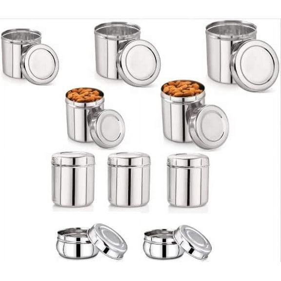 Stainless Steel Canisters/Containers Set of 10 (100, 150, 300, 500, 600, 750, 1000, 1250, 1400, 1900ML), Container for Kitchen, Pulses/Tea/Coffee/Sugar/Spices/Flour/Milk, (Pack of 1)