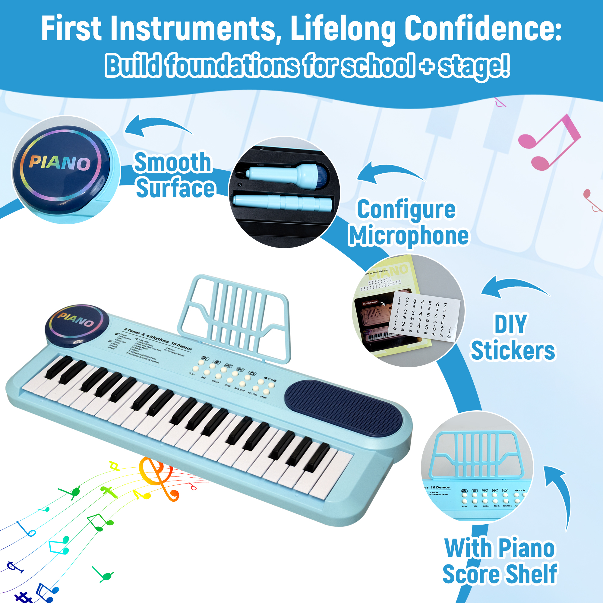 SaveJoy Blue 37-Key Electronic Piano for Toddlers with Microphone photo 5