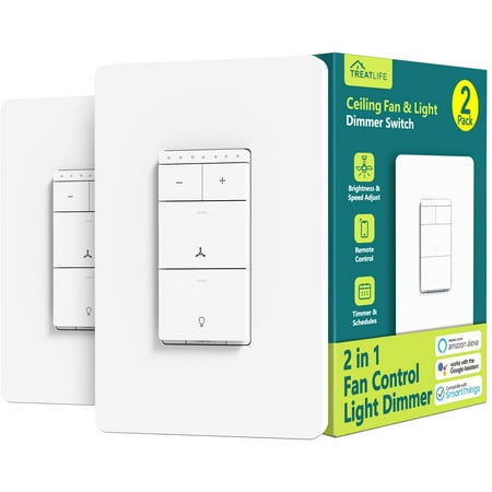 QUADEND Smart Ceiling Fan Control and Dimmer Light Switch 2PACK, Neutral Wire Needed, 2.4Ghz Single Pole Wi-Fi Fan Light Switch Combo, Works with Alexa, Google Home and SmartThings, Remote Control