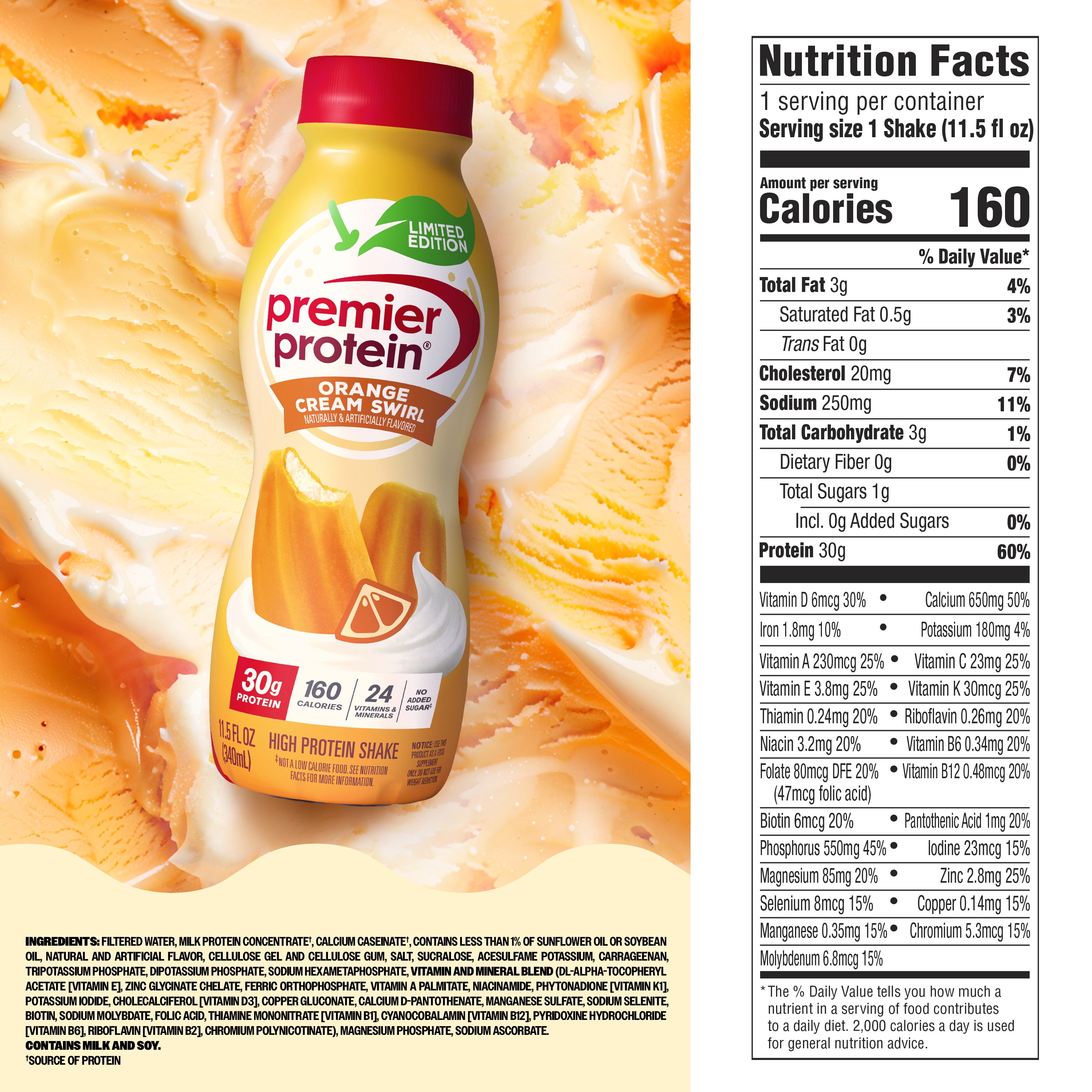Premier Protein Shake, Orange Cream Swirl, 30g Protein, 11.5 fl oz, 12 Ct