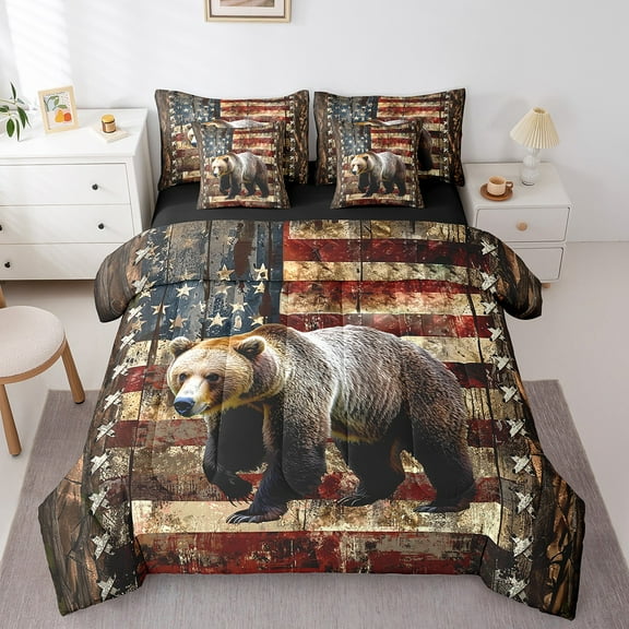 Erosebridal Safari Bear Bed in a Bag Twin Size, Rustic Farmhouse Bed Set, Retro American Flag Bed Sheets Setp with Comforter, Ultra Soft Bedroom Decoration, Reversible 7 Pieces