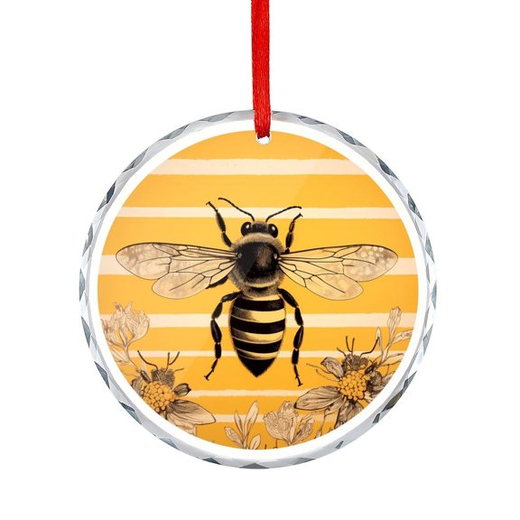 Bees On Yellow Stripes Glass Ornament Gifts for Bee Lovers Christmas Ornaments Crystal Hanging Holiday Ornaments Decoration for Home