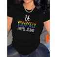 thumbnail image 1 of Women's "Be Yourself" Graphic Tee - Casual Round Neck Short Sleeve T-Shirt, Stretchy Polyester Blend, Machine Washable, Comfortable Summer Top in White, 1 of 8