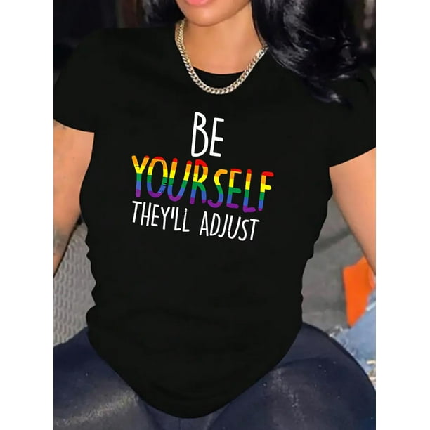 Women's "Be Yourself" Graphic Tee - Casual Round Neck Short Sleeve T-Shirt, Stretchy Polyester Blend, Machine Washable, Comfortable Summer Top in White