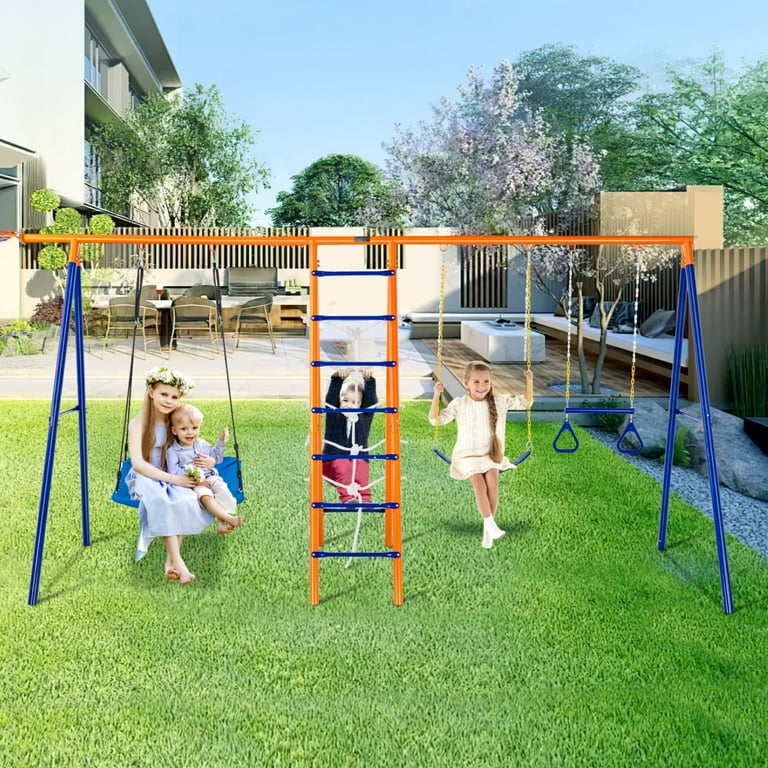 KFFKFF Outdoor Swing Set, 6-Feature Combo with Dual Swings