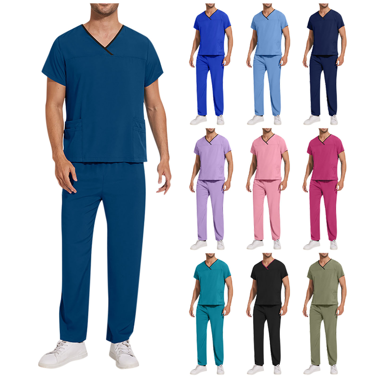 SCRUBS Vネックシャツ USサイズ M 4色セット UVEASISHA Medical Scrub Sets for Men V Neck Short Sleeve Tshirt