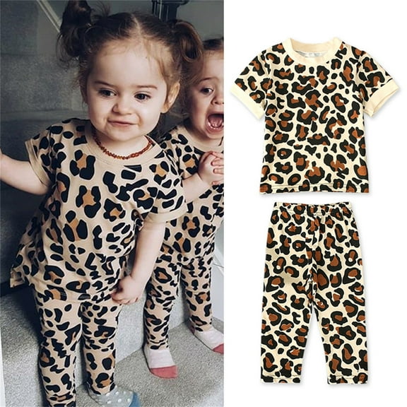 Fainosmny Toddler Kids Baby Girls Leopard Print Summer Clothes Set Short Sleeve T Shirt And Pants 2Pcs Outfits Girls Outfits&Set Beige 130/(5-6 Years)