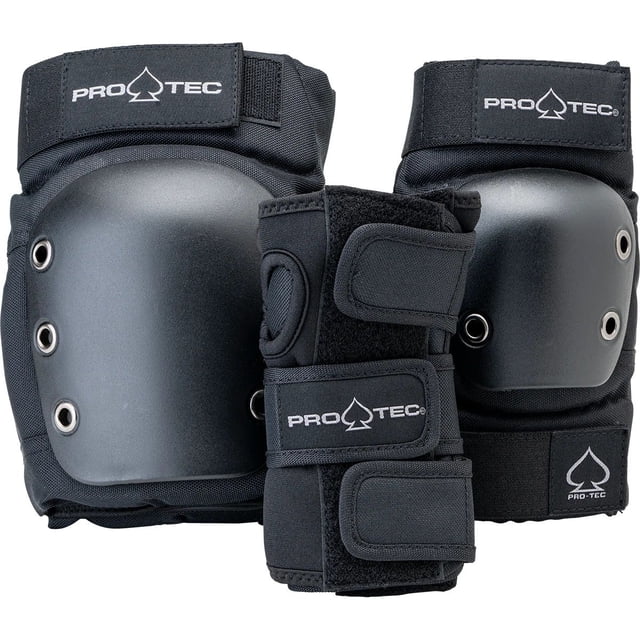 Pro-Tec Jr 3-Pack Skateboarding Pad Set in black, designed for youth ages 5 to 10. Includes knee pads, elbow pads, and wrist guards made with EVA foam and ballistic nylon for protection against skids and scrapes. Features neoprene backing, stretch lycra interior, and full wrap hook and loop fasteners for a secure fit. Suitable for riders weighing 25 to 50 kg (55 to 110 lbs).