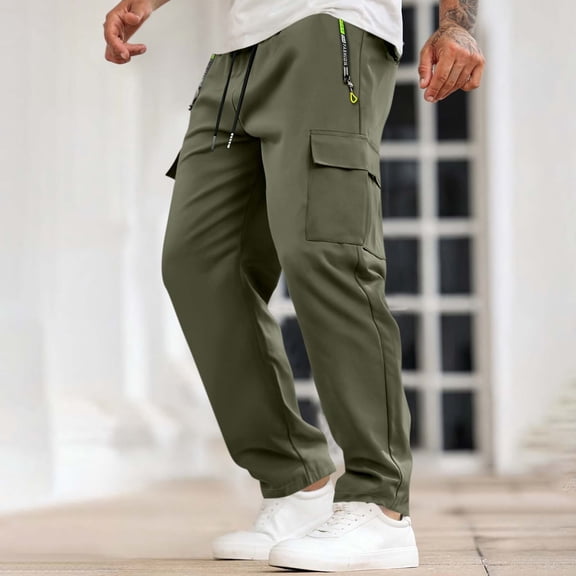 PNTUTB Men's Solid Color Elastic Waist Drawstring Casual Outdoor Work Pants with Zipper and Multiple Pockets