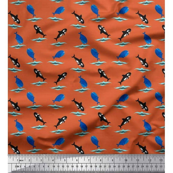 Soimoi Polyester Crepe Fabric Waves,Whale & Dolphin Ocean Print Fabric by The Yard 42 Inch Wide