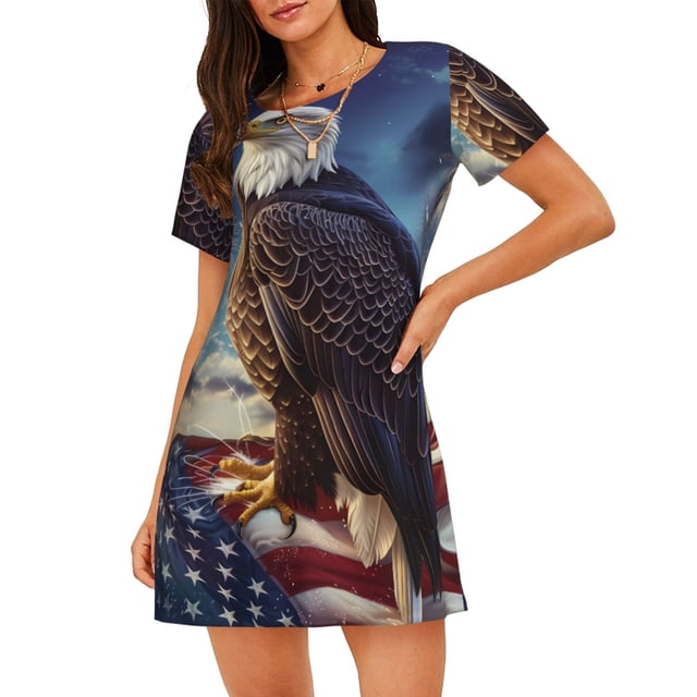 Balery Night Sky Bald Eagle Camisón de manga corta con cuello redondo para mujer, cómodo y elegante.