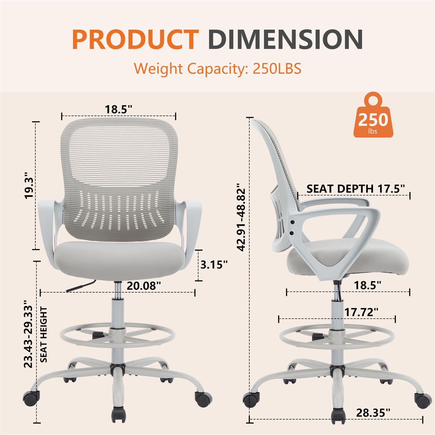 Spaco Tall Office Chair, Counter Height, Adjustable, High-Density Foam, Gray