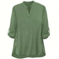 thumbnail image 6 of XUNKUSGA Women's Blouses Fashion Notched V Neck Rolled Up Tops for Women Casual Loose High-low Hem Shirts for Women with Button Side S-2XL Green, 6 of 6