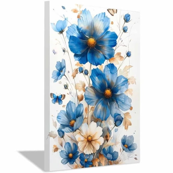 Mudket Framed,Floral Canvas Wall Art,Ready to Hang,Blue Wild Flowers Autumn Leaves Canvas Print,Farmhouse Botanical Wall Decor,for Bedroom Kitchen Office Decor - 12"L x 8"W