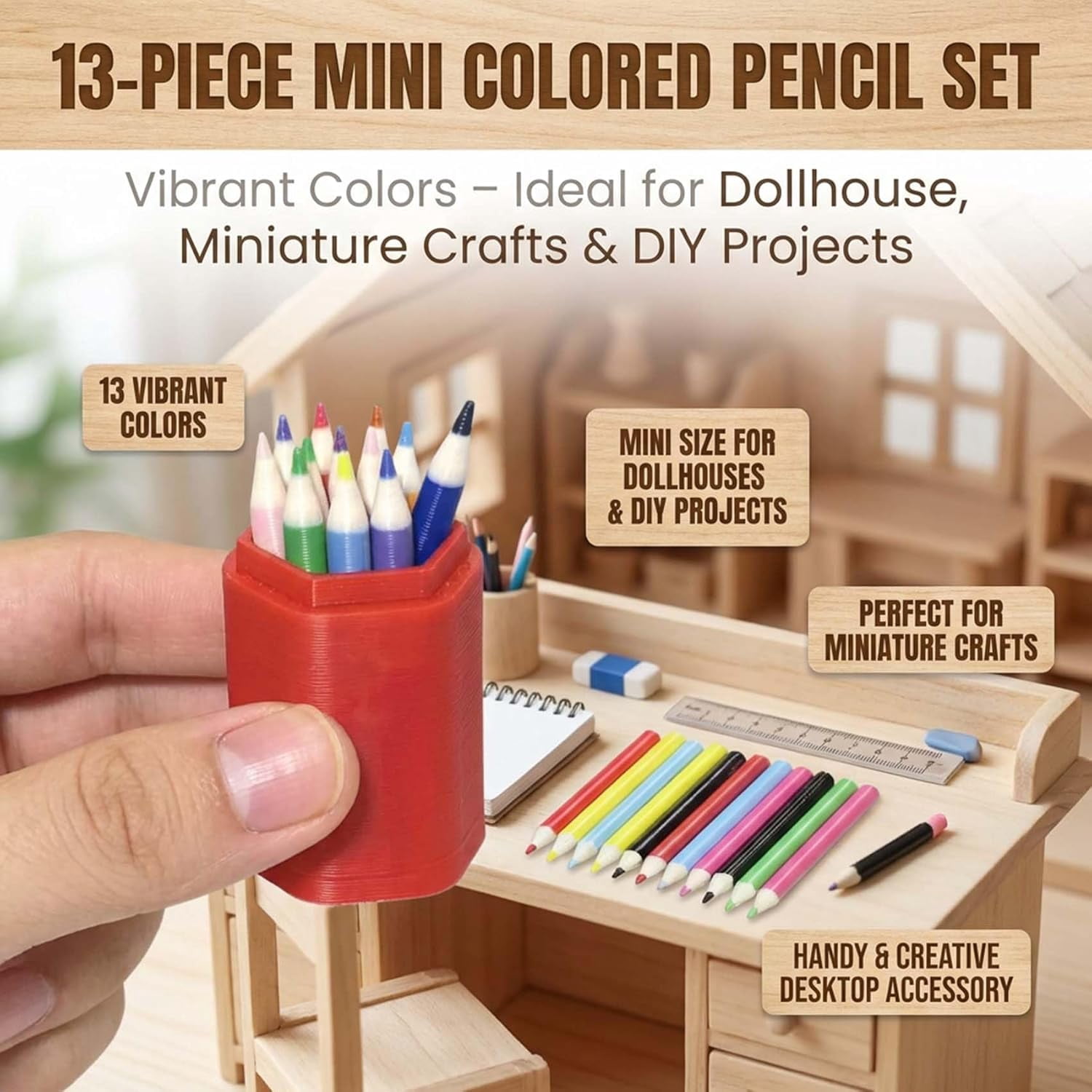 13-Piece Mini Colored Pencil Set for Dollhouse, Mini Desk Accessories for DIY Crafts