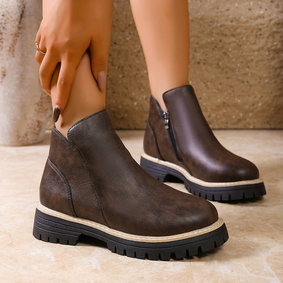 Wowcloth Women's Chunky Heel Ankle Boots – Round Toe Side Zipper Design, Plus Size Low Heel for Versatile Autumn and Winter Fashion Wear
