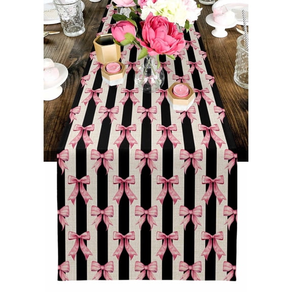 Vintage White Black Striped Table Runner, Pink Bow Linen Texture Washable Cotton-linen Table Runners Dining Kitchen Decoration for Everyday Home Wedding Party Decor, 13 x 60 Inch