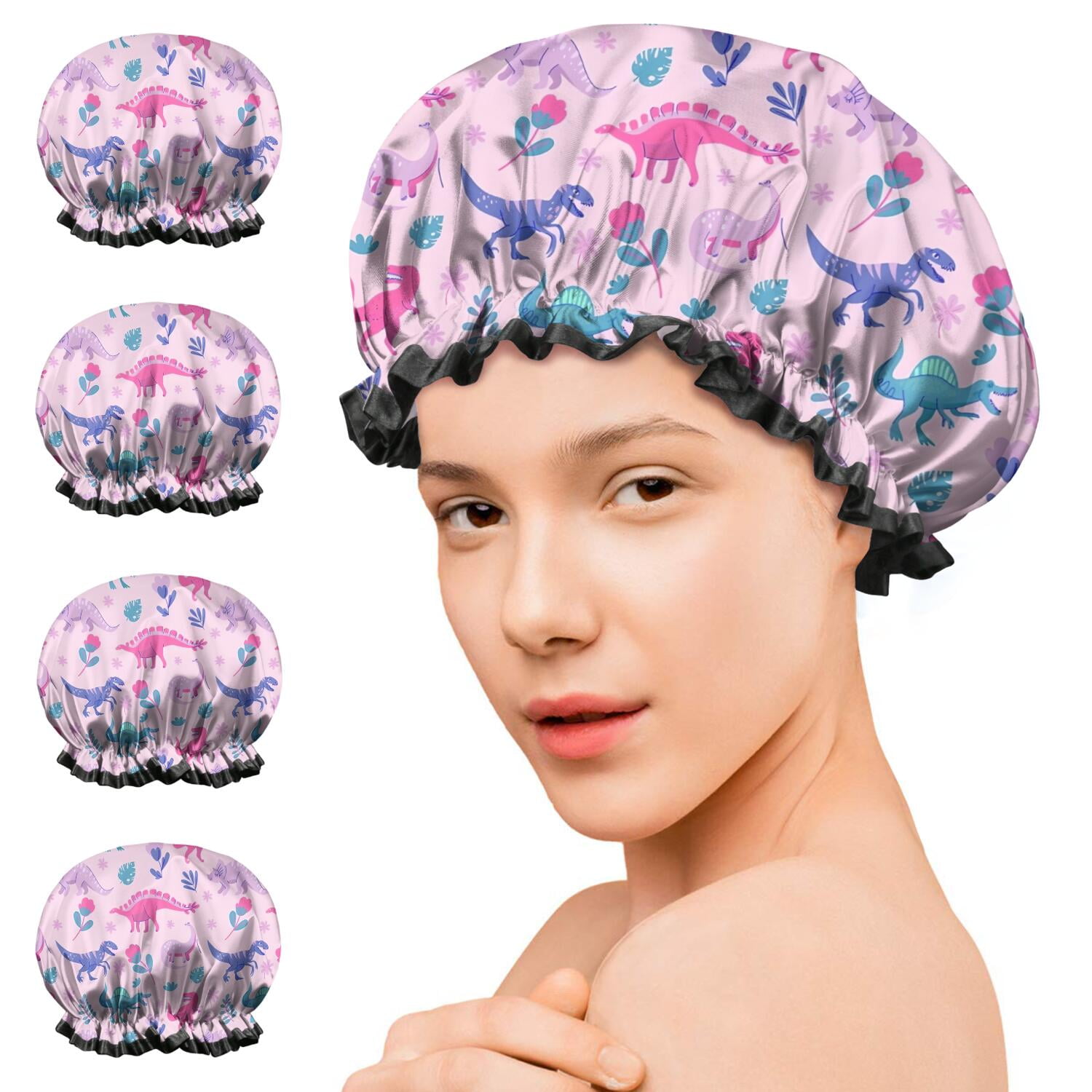 Shower Caps,Pink Dinosaurs Flowers Leaves Pattern Waterproof Shower Cap for Women 4 Pieces,Double Reusable Hair Cover for Shower PEVA Elastic Stretch Hem