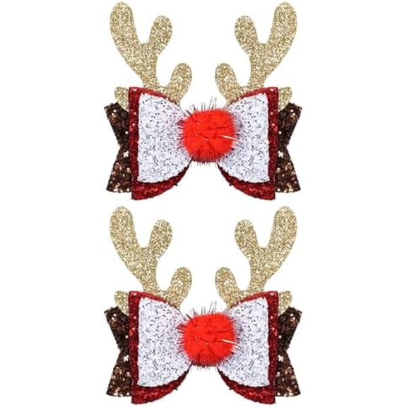 Glitter Christmas Elk Hair Bows Clip 2 count 3.5" Sparkling  Sequin  Clip for Girls Women Xmas Holiday Party Dress Decoration Accessory Stock Stuffers