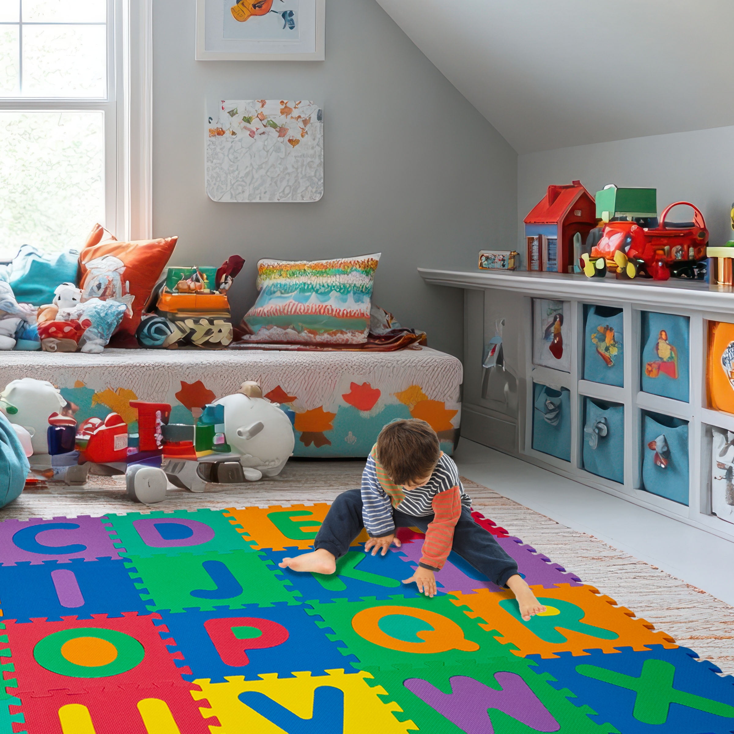 Hey! Play!  Kids 26-Piece Interlocking Non-Toxic Foam Puzzle Play Mat with Alphabet and Numbers Learning Toy Multicolor