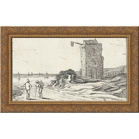 Path along a lighthouse on the beach 24x16 Gold Ornate Wood Framed Canvas Art by Esaias van de Velde