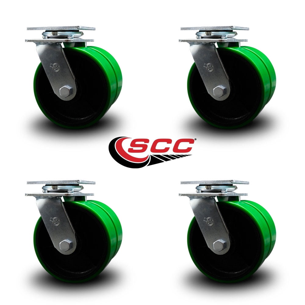 6 Inch Dual Green Poly on Cast Iron Wheels Swivel Caster Set with Roller Bearing