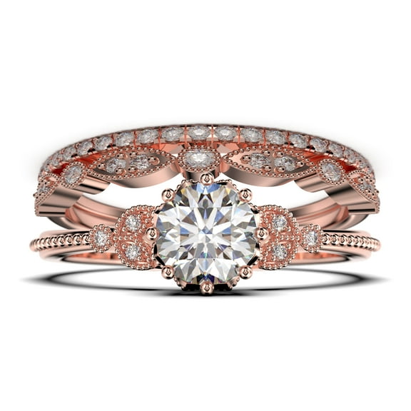 Beautiful 2.25 Carat Round Cut Diamond Moissanite Floral Engagement Ring, Antique Wedding Ring, Two Matching Band In 925 Sterling Silver With 18K Rose Gold Plating, Gift For Her